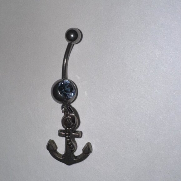 Small Anchor with Light Blue Gem Dangle Belly Ring - Picture 4 of 13